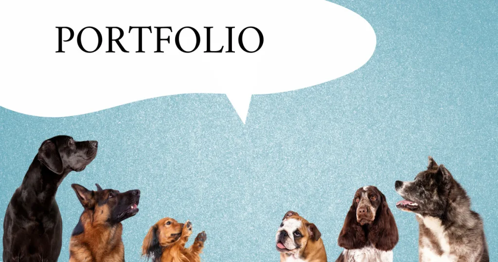 PORTFOLIOの吹き出しがあり、６匹の犬が話し合ってるように顔を合わせている