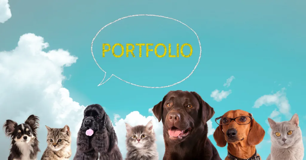 PORTFOLIOの吹き出しがあり、７匹の犬と猫が正面を向いて並んでいる