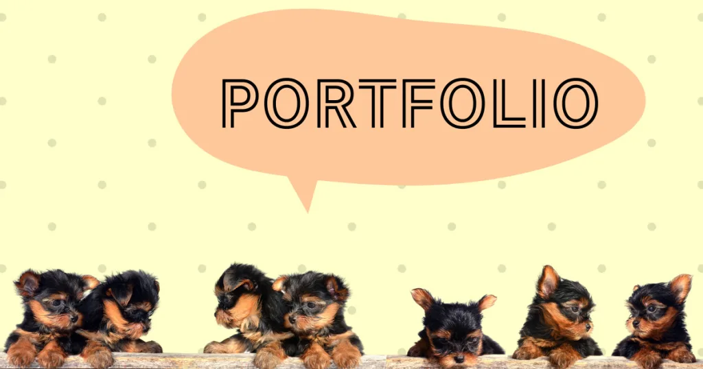 PORTFOLIOの吹き出しがあり、7匹の犬が正面を向いて並んでいる