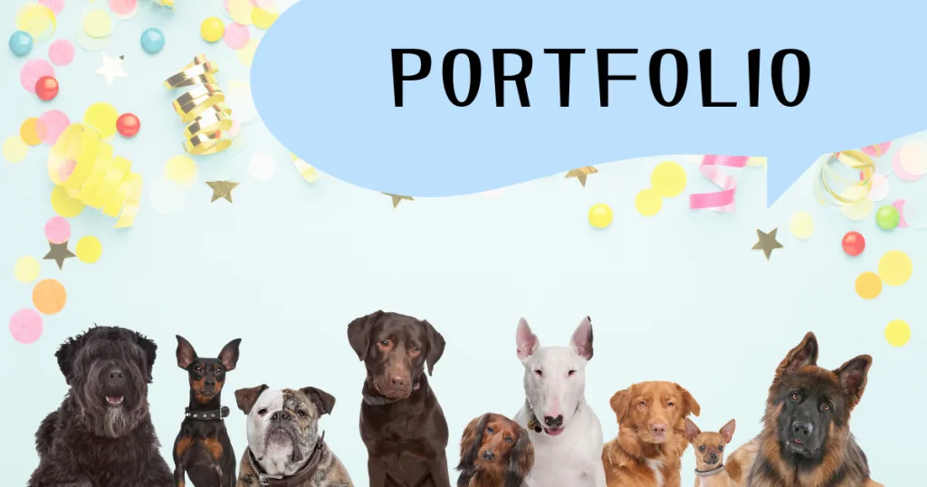 PORTFOLIOの吹き出しがあり、9匹の犬が正面を向いて並んでいる